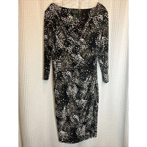 LRL Ralph Lauren Size 8 Dress Black White Ruched Faux Wrap 3/4 Sleeve T15